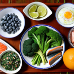 A vibrant, colorful spread of fresh Vietnamese ingredients known to be good for brain health: green vegetables like broccoli and spinach, fruits like blueberries and oranges, fatty fish (salmon, mackerel, herring), walnuts, and eggs, all arranged artfully on a traditional Vietnamese table setting, showcasing their natural textures and colors.