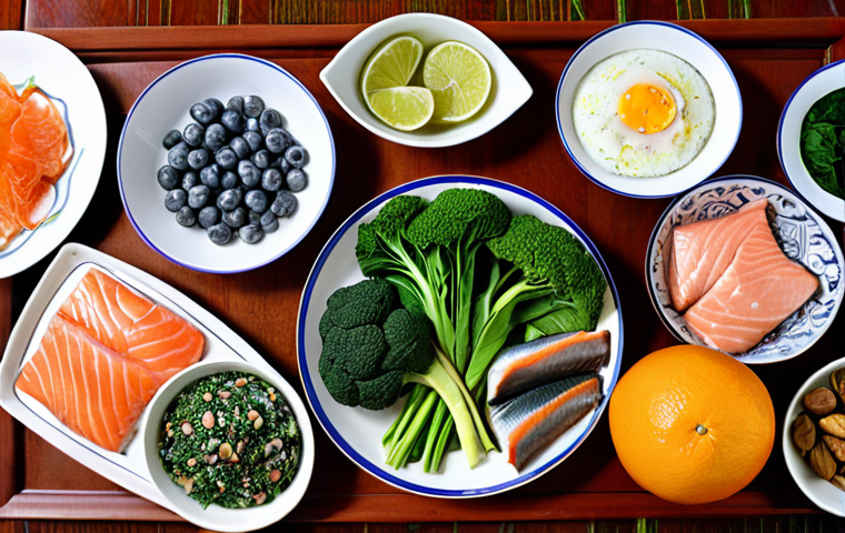 A vibrant, colorful spread of fresh Vietnamese ingredients known to be good for brain health: green vegetables like broccoli and spinach, fruits like blueberries and oranges, fatty fish (salmon, mackerel, herring), walnuts, and eggs, all arranged artfully on a traditional Vietnamese table setting, showcasing their natural textures and colors.