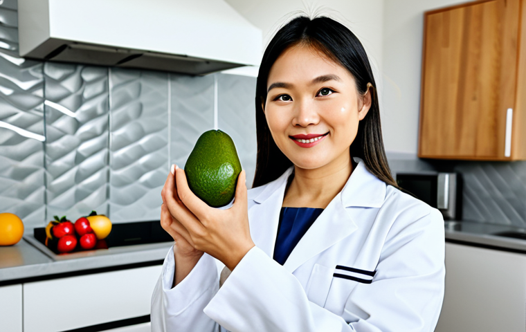 **Prompt 1: Brain Nutrition and Professional Guidance**
    A professional Vietnamese nutritionist, female, in her 30s, with a warm, confident expression, fully clothed in a modest professional white lab coat, standing in a brightly lit, modern kitchen. She is holding a vibrant green avocado in one hand, while the other hand gestures towards an array of healthy brain foods beautifully arranged on a countertop: fresh salmon, colorful berries, leafy greens, and nuts. A subtle, transparent overlay of a stylized brain outline is visible above the food, symbolizing cognitive health. Professional studio lighting, high resolution, crisp focus, natural colors, perfect anatomy, correct proportions, natural pose, well-formed hands, proper finger count. safe for work, appropriate content, family-friendly, professional dress.